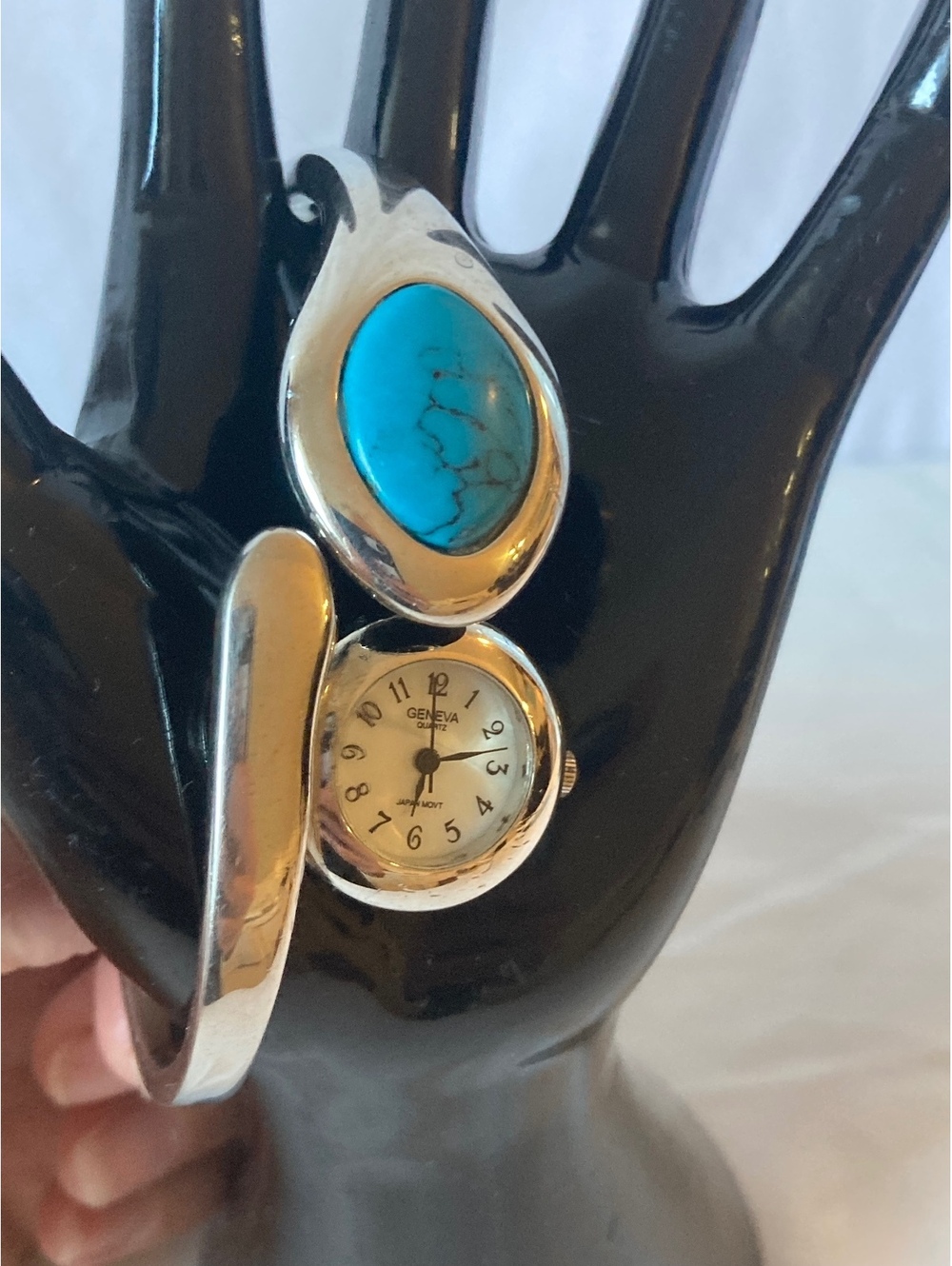 Geneva Blue Stone Bangle Bracelet Watch Silver Tone Quartz Hidden Face